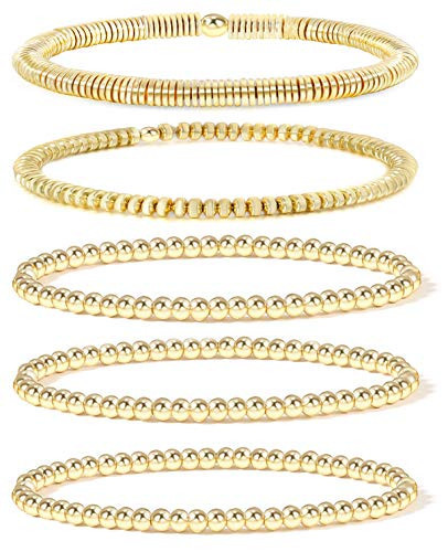 14K Gold Beaded Bracelets for Women,Dainty Gold Plated Chain Link Bracelet Stretchable Adjustable Bracelet… (Gold-01(5Pcs-P))… | Amazon (US)