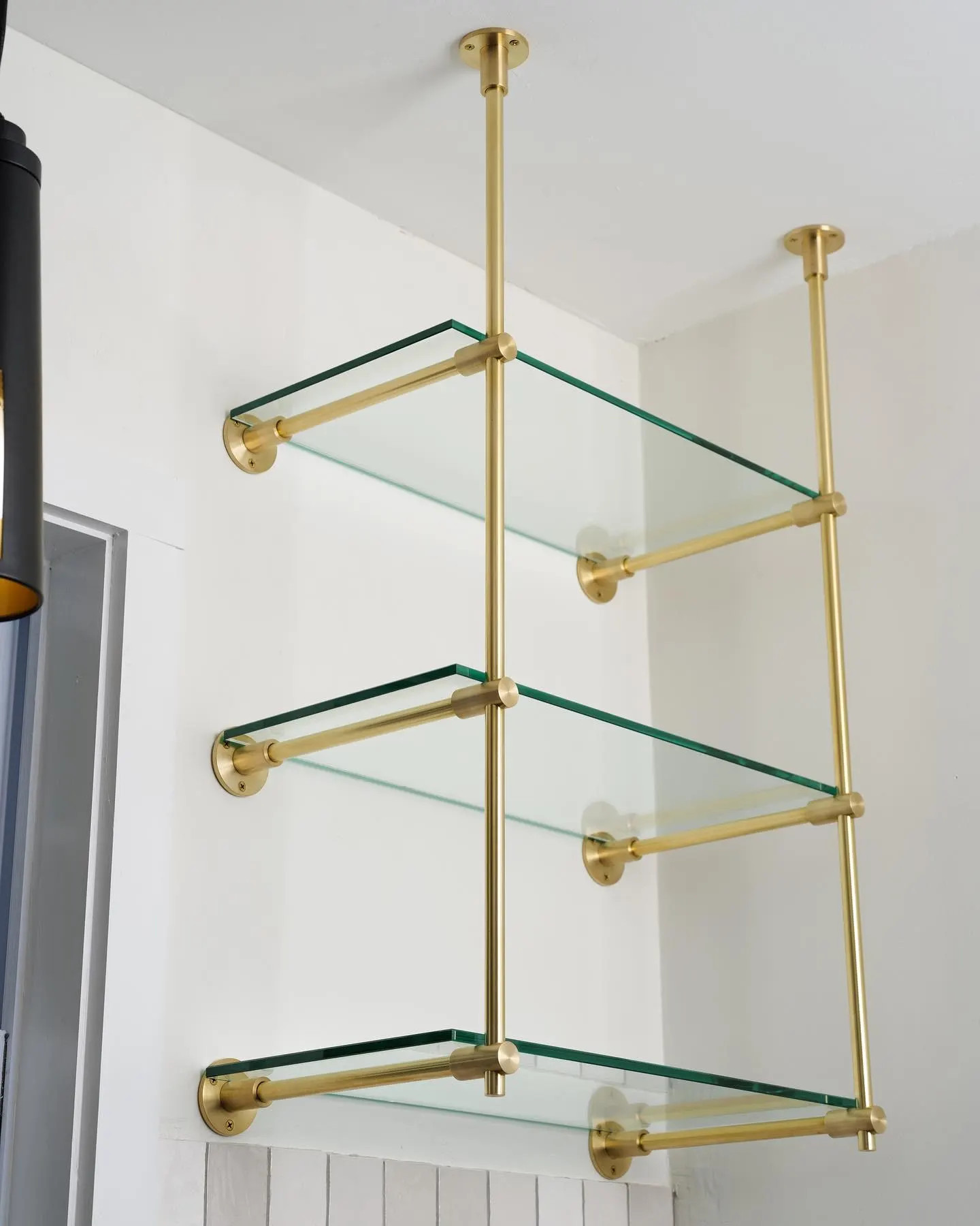 Solid Brass Bistro Shelving with Glass Shelves, Ceiling & Wall Mounted Bar Shelf, Kitchen Display Shelving | Custom Brass Shelf | Etsy (Global)