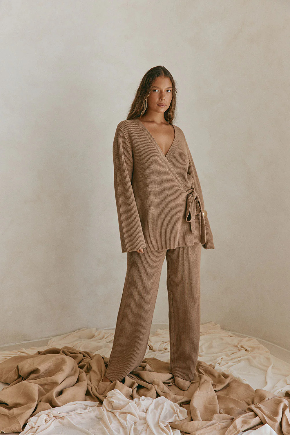 Tan Ribbed Knit Long Sleeve Wrap Anika Top | Sabo Skirt US