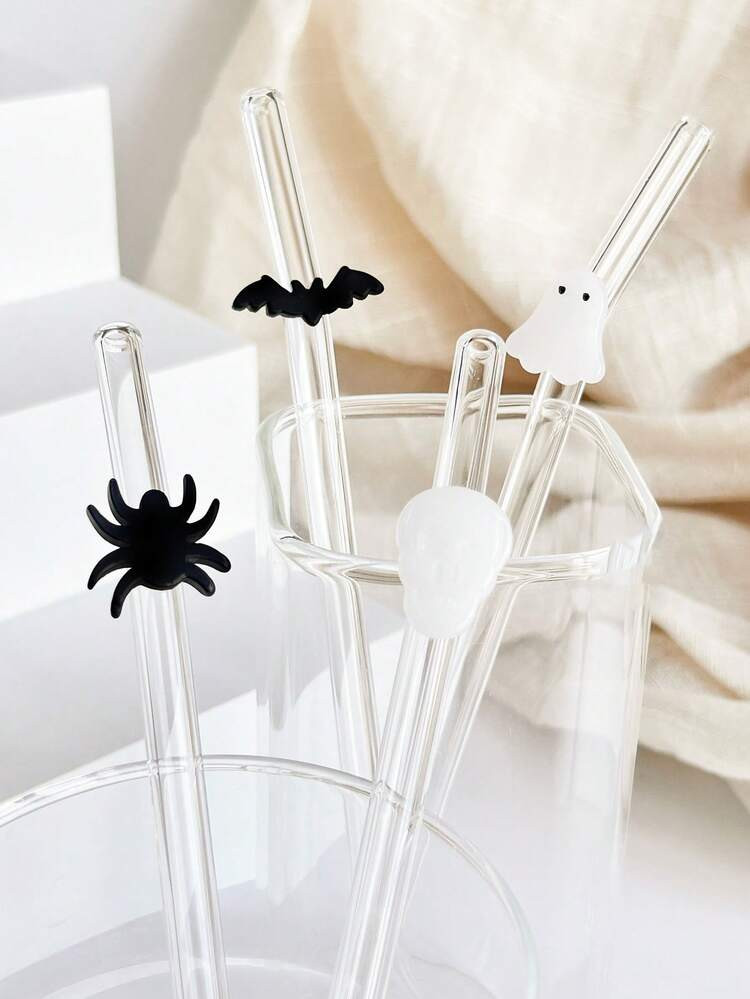 1/2 Stück/1 Set Cartoon Halloween Glas Strohhalme mit Schädel/Spinnen/Geister/Fledermaus Charms... | SHEIN