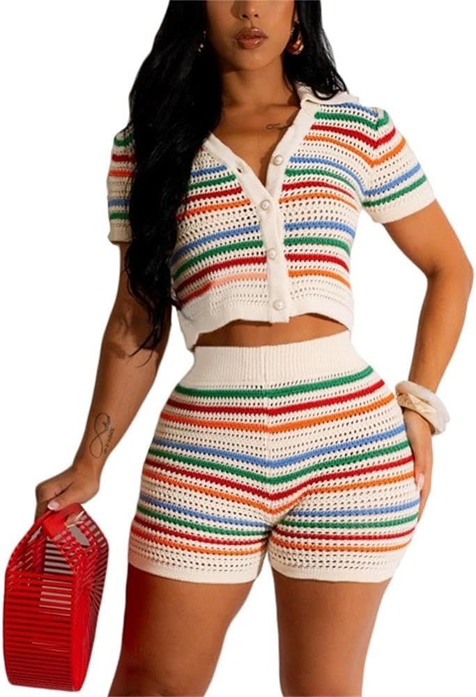Crochet Sets Two Piece Women Summer Causal Knit Short Sleeve Button Down Shirt and Shorts Matchin... | Amazon (US)