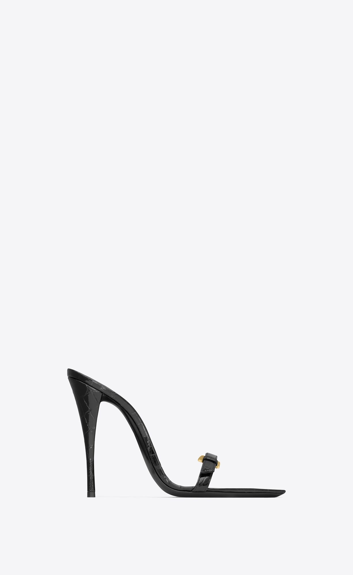 mule sandals featuring an elongated square toe and covered stiletto heel, decorated with a thin b... | Saint Laurent Inc. (Global)