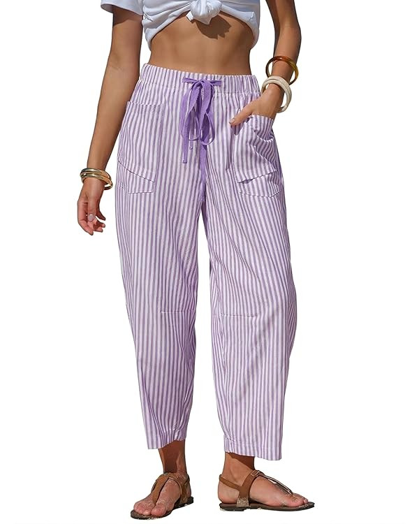 EXLURA Womens Summer Faux Linen Striped Barrel Pants Comfy Drawstring Capri Pant with Pockets Bea... | Amazon (US)