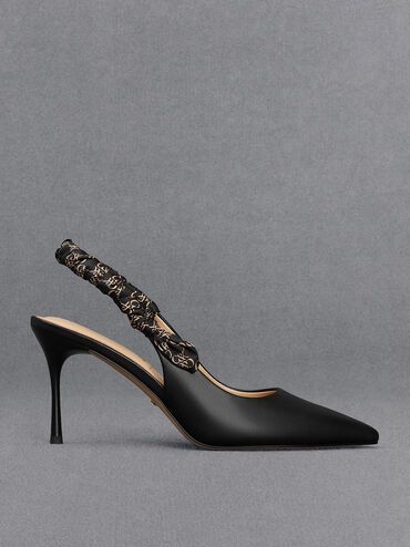 Leather Ruched Print Slingback Pumps
 - Black | Charles & Keith UK