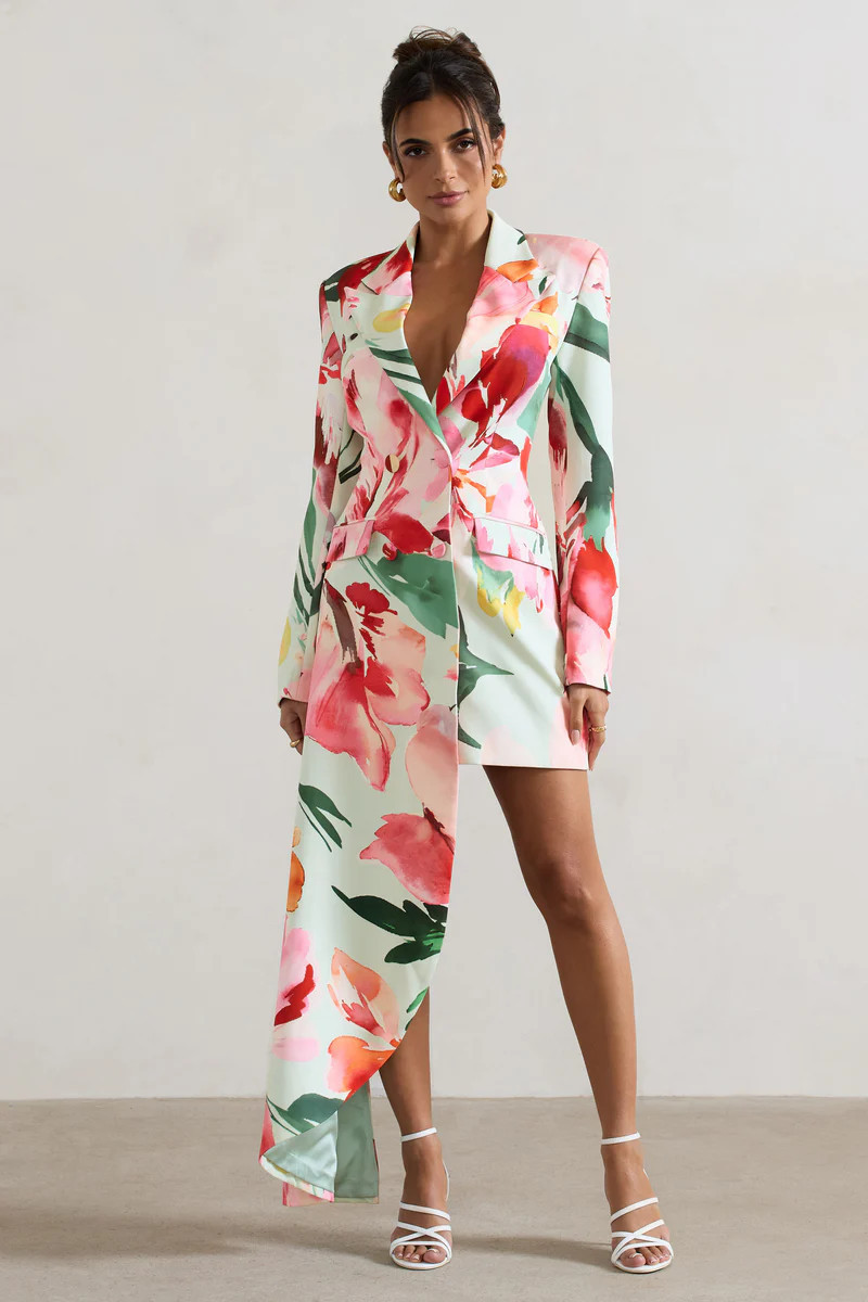 Spiral | Mint Floral Tailored Blazer Mini Dress With Asymmetric Hem | Club L London