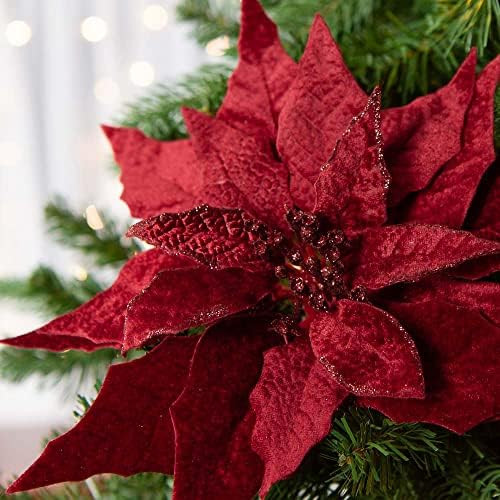 Set of 6 Pieces Burgundy Velveteen Poinsettia Flowers -Poinsettia Blooms for Christmas Trees and ... | Amazon (US)