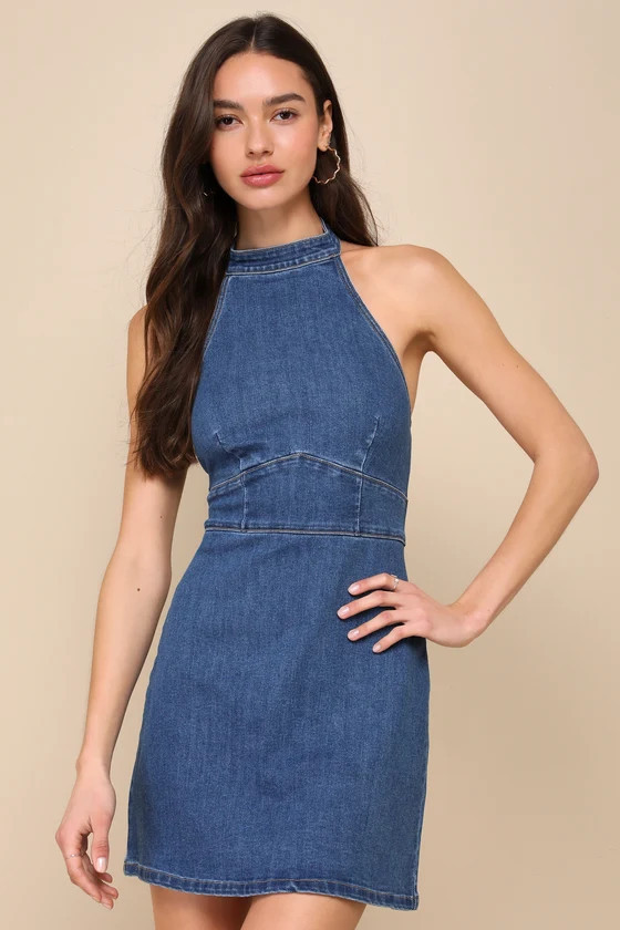 Summery Outing Dark Wash Backless Denim Halter Mini Dress | Lulus