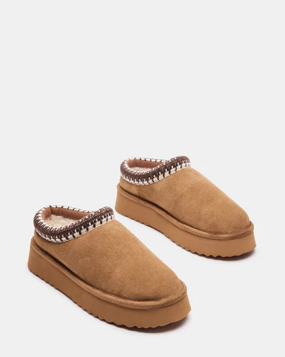 SELENA Chestnut Suede Faux Fur Slip-On Mule Flat | Women's Flats | Steve Madden (US)