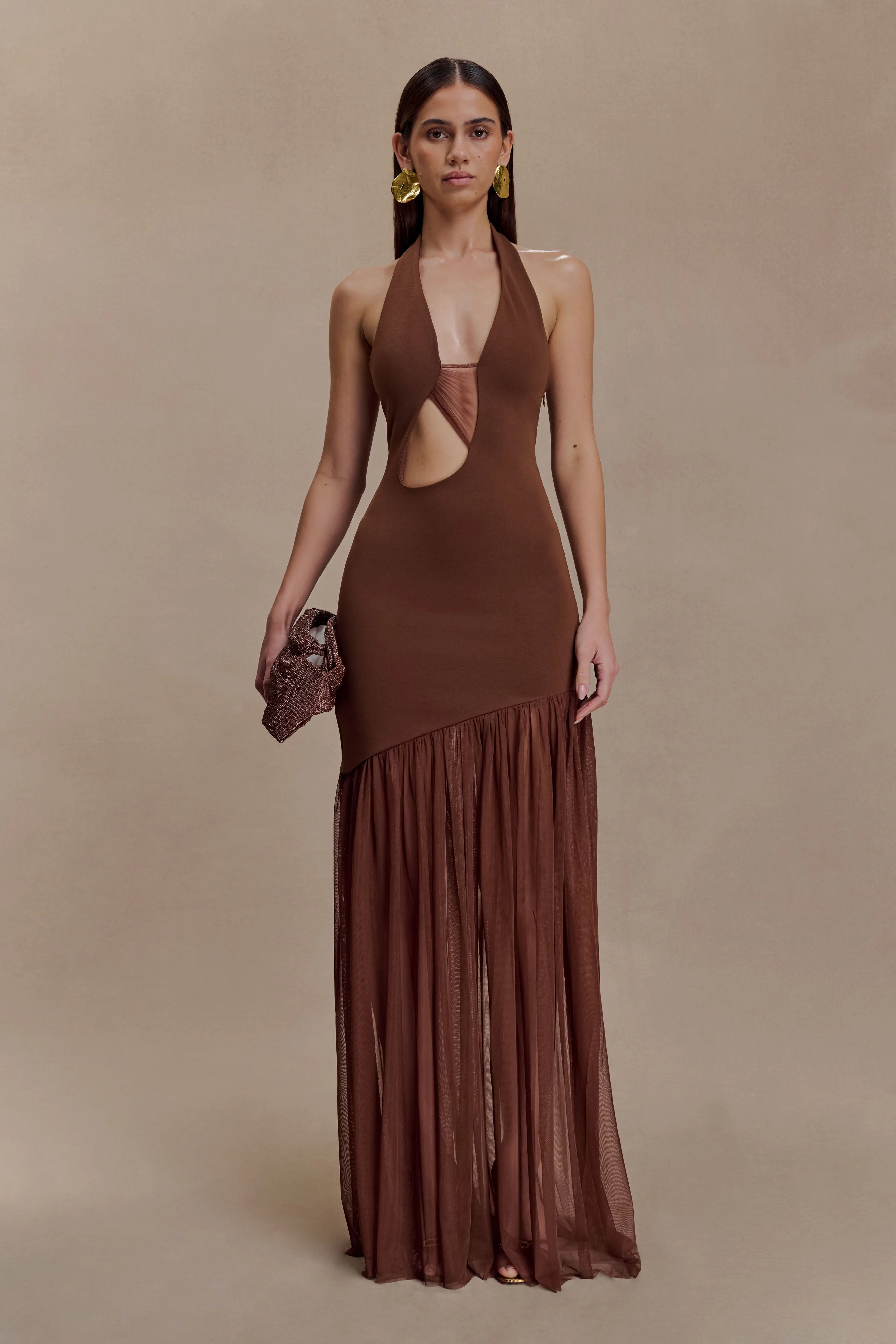 Crepe And Mesh Maxi Dress - Chocolate/Mocha | MESHKI US