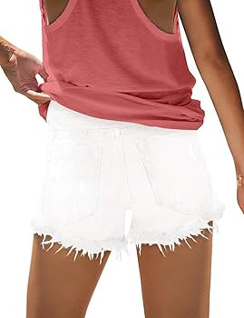 onlypuff Womens Ripped Mid Waisted Denim Shorts with Pockets | Amazon (US)