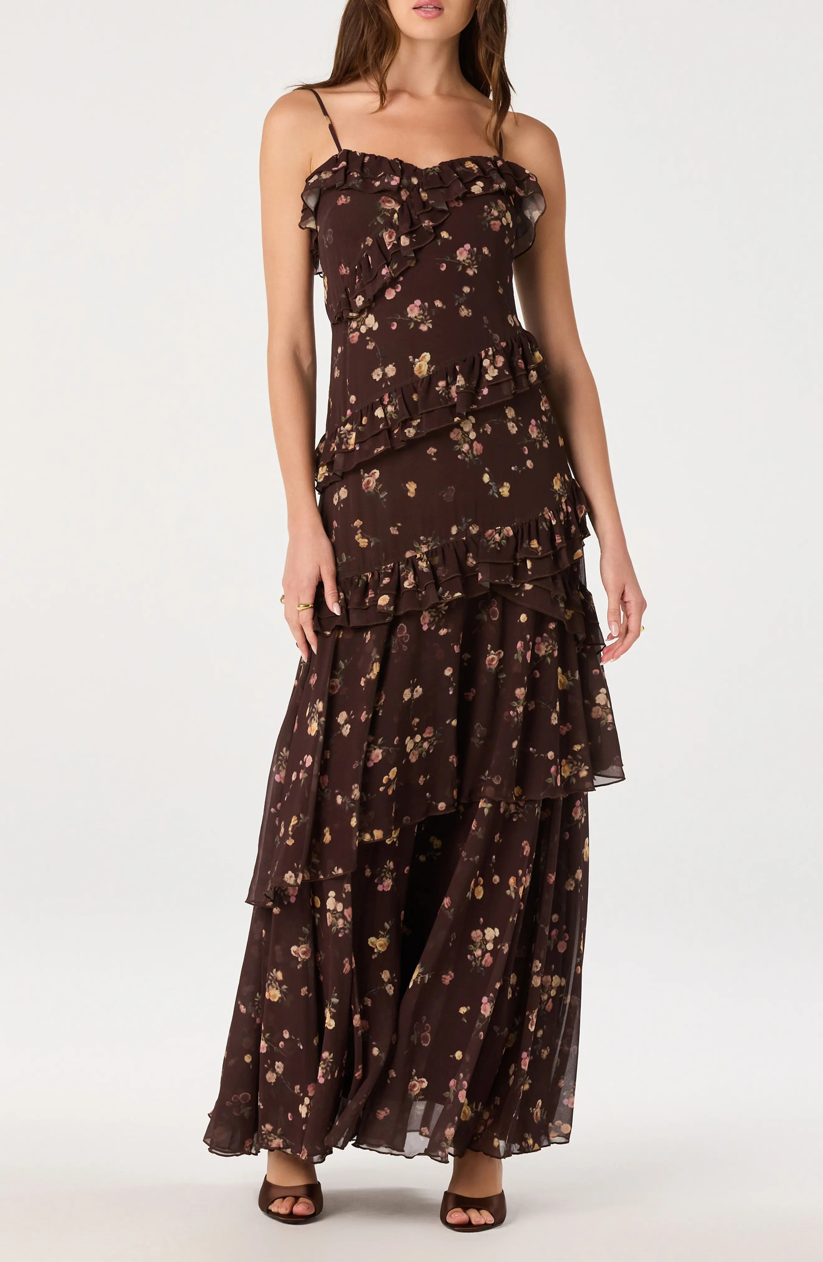 ASTR the Label Journee Ruffle Floral Maxi Dress in Chocolate Floral at Nordstrom, Size Large | Nordstrom