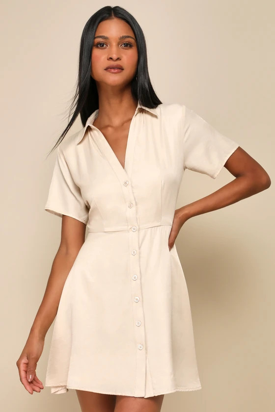 Pleasant Darling Beige Short Sleeve Button-Up Mini Dress | Lulus