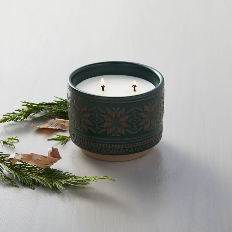 2-Wick Snowflake Embossed Ceramic Cypress & Pine Seasonal Jar Candle Dark Green 11oz - Hearth & H... | Target