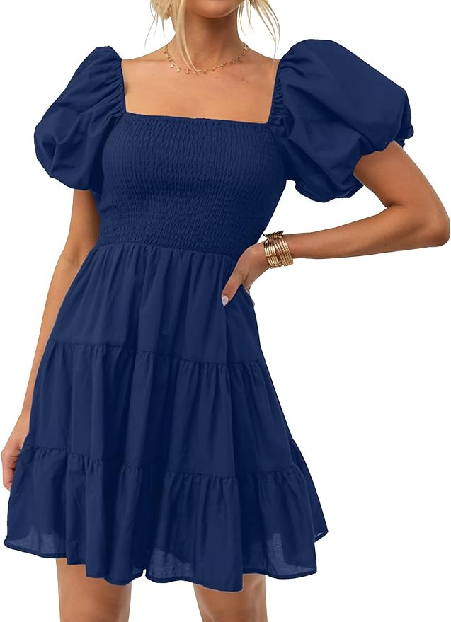 ZESICA Women's Boho 2026 Summer Square Neck Puff Sleeve Off Shoulder Smocked Tiered Casual A Line... | Amazon (US)