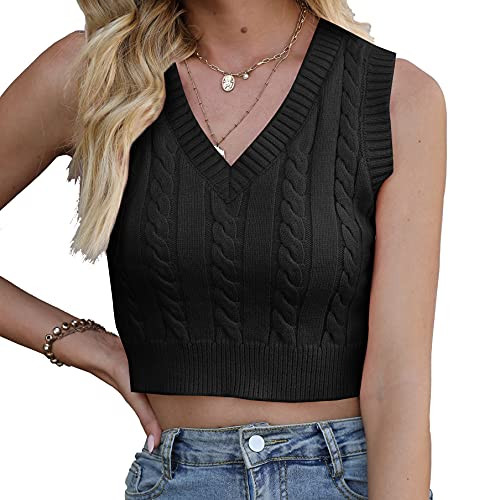 CHDBLOCK Clothing Women's V-Neck Knit Sweater Vest Solid Color Sleeveless Crop Knit Vest Sweaters (Black, Small) | Amazon (US)