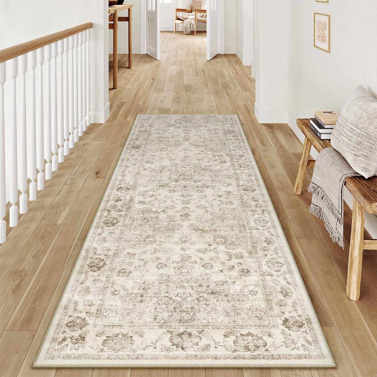 2x6 Washable Neutral Runner Rug Beige Vintage Hallway Kitchen Carpet Non-Slip Soft Low Pile Flora... | Amazon (US)