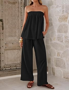 ZESICA Women's Summer 2 Piece Sets 2026 Spring Casual Strapless Tube Top Wide Leg Pants Ruffle Be... | Amazon (US)