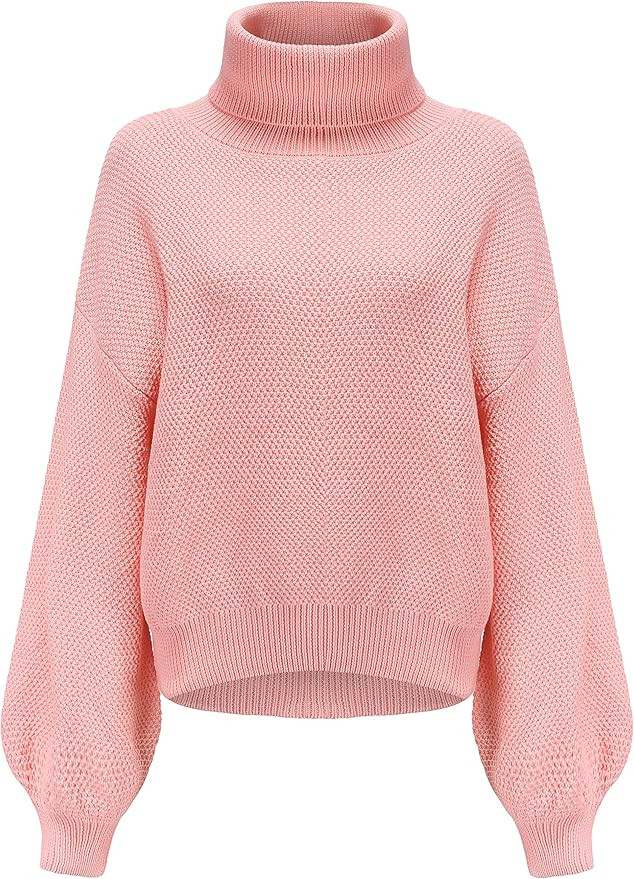 SSLR Womens Turtleneck Sweaters Casual Drop Shoulder Knit Pullover Jumper Tops Lantern Sleeve Ove... | Amazon (US)