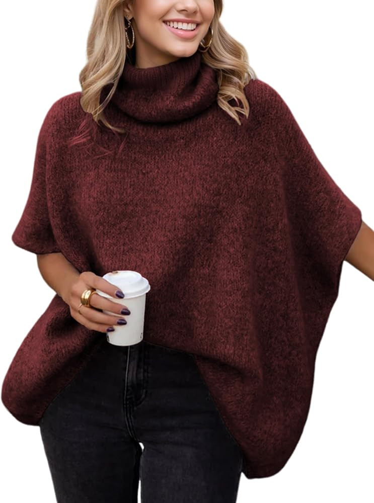 Womens Turtleneck Batwing Sleeve Sweater Knitted Oversized Chunky Short Dolman Tops | Amazon (US)