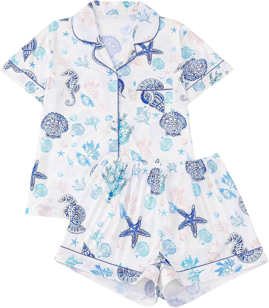Women's 2 Piece Summer Ocean Print Pajama Sets Starfish Shell Sleepwear Short Sleeve Nightwear So... | Amazon (US)