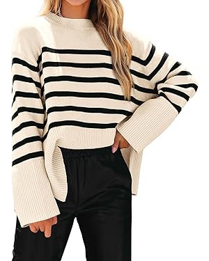 KIRUNDO Women's Striped Knit Oversized Fall Sweaters 2025 Trendy Clothes Crewneck Winter Pullover... | Amazon (US)