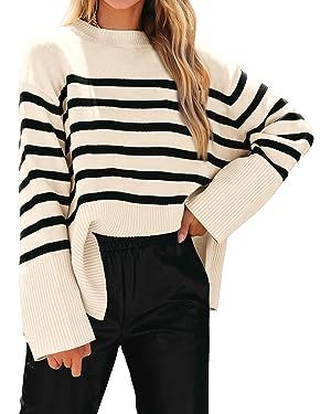 KIRUNDO Women's 2023 Fall Winter Casual Oversized Long Sleeve Striped Sweater Crew Neck Ribbed Kn... | Amazon (US)