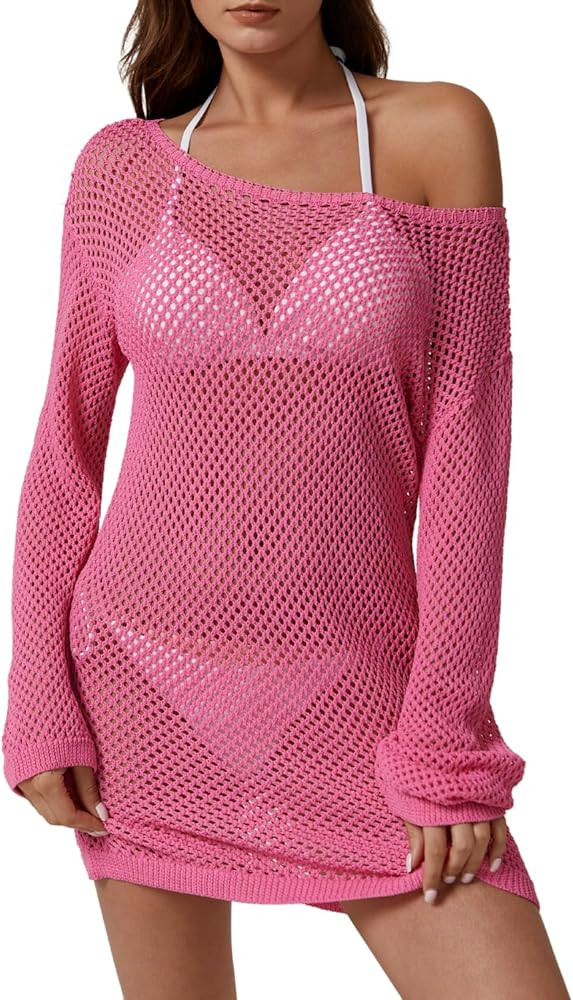 QINSEN Womens Crochet Bathing Suits Cover Up Boat Neck Mesh Knit Beach Dress Swim Vacation Outfit... | Amazon (US)