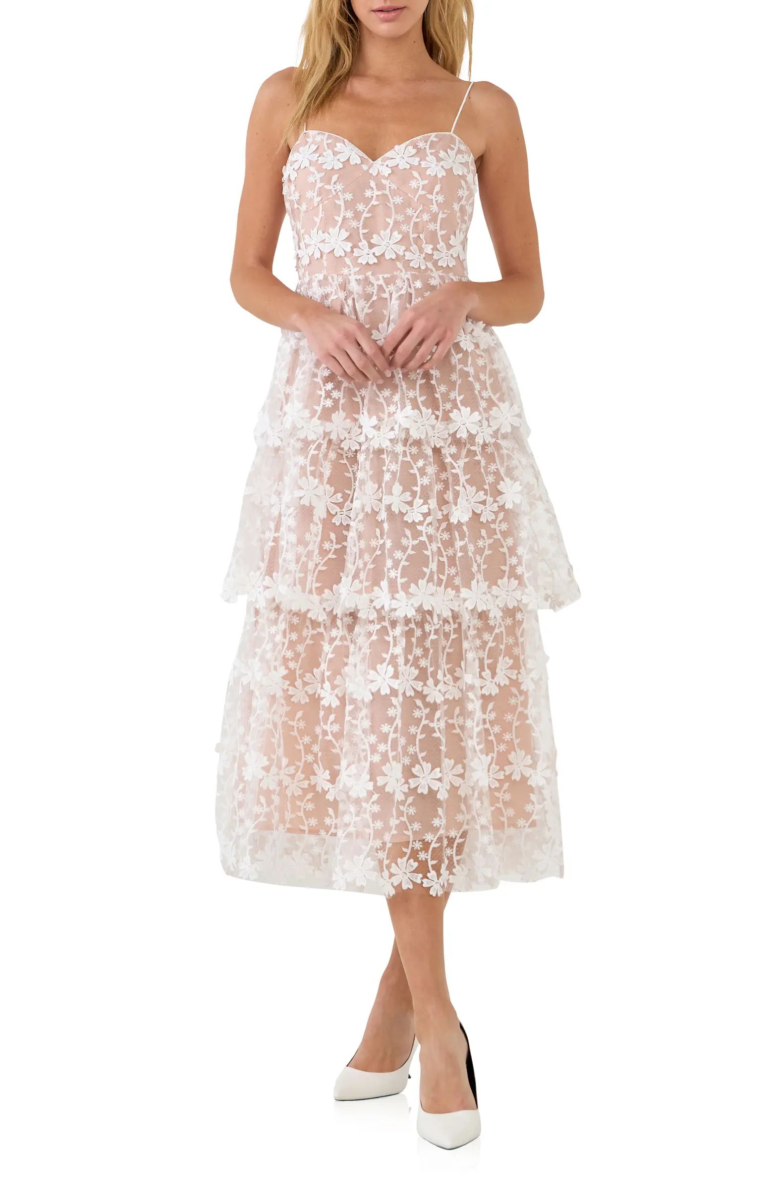Floral Embroidered Tiered Lace Midi Dress | Nordstrom
