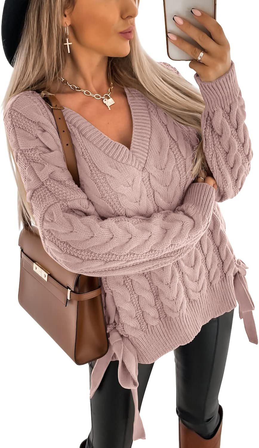 Goranbon Women's Fall Pullover Sweaters Dressy Casual V Neck Cable Knit Lace Up Sweater Tops | Amazon (US)