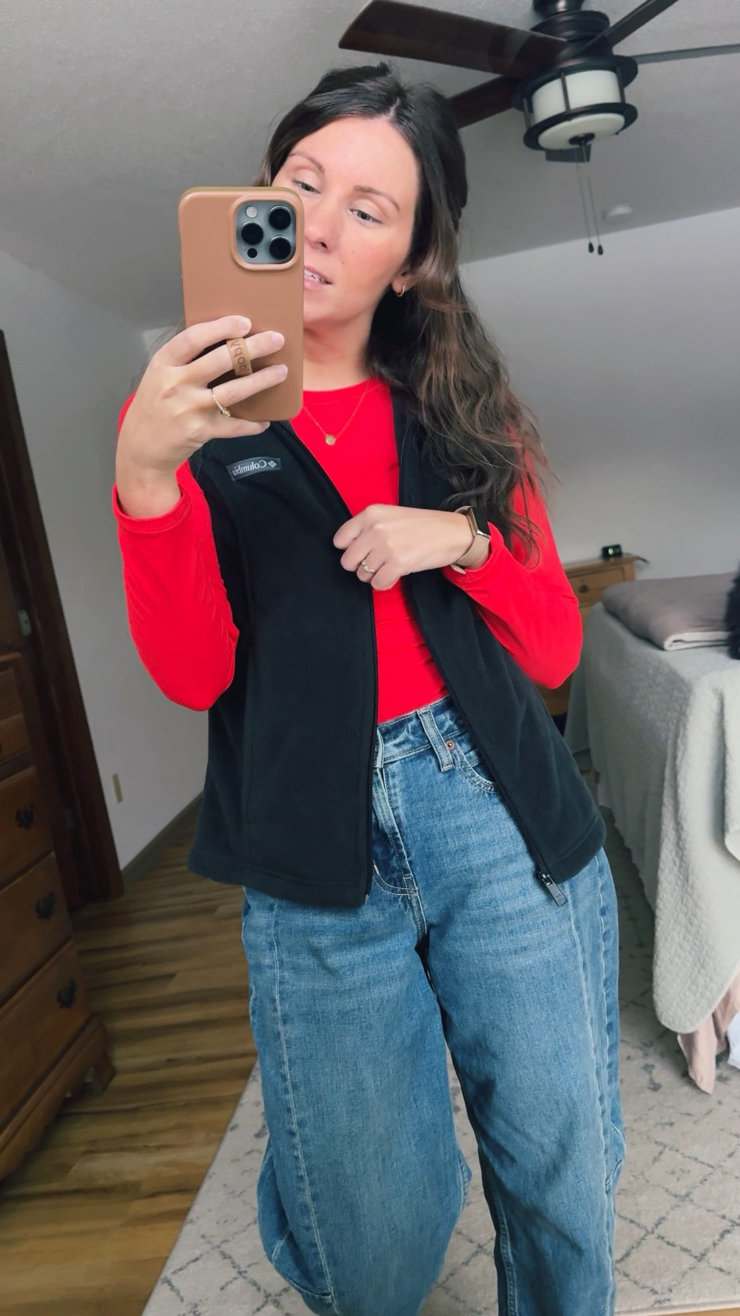 Wearing size small in my red long sleeve, xs petite in my fleece vest, 0 petite in my barrel jeans, and 6.5 in my boots (also linked similar boots).

#LTKootd #LTKFindsUnder50 #LTKSeasonal