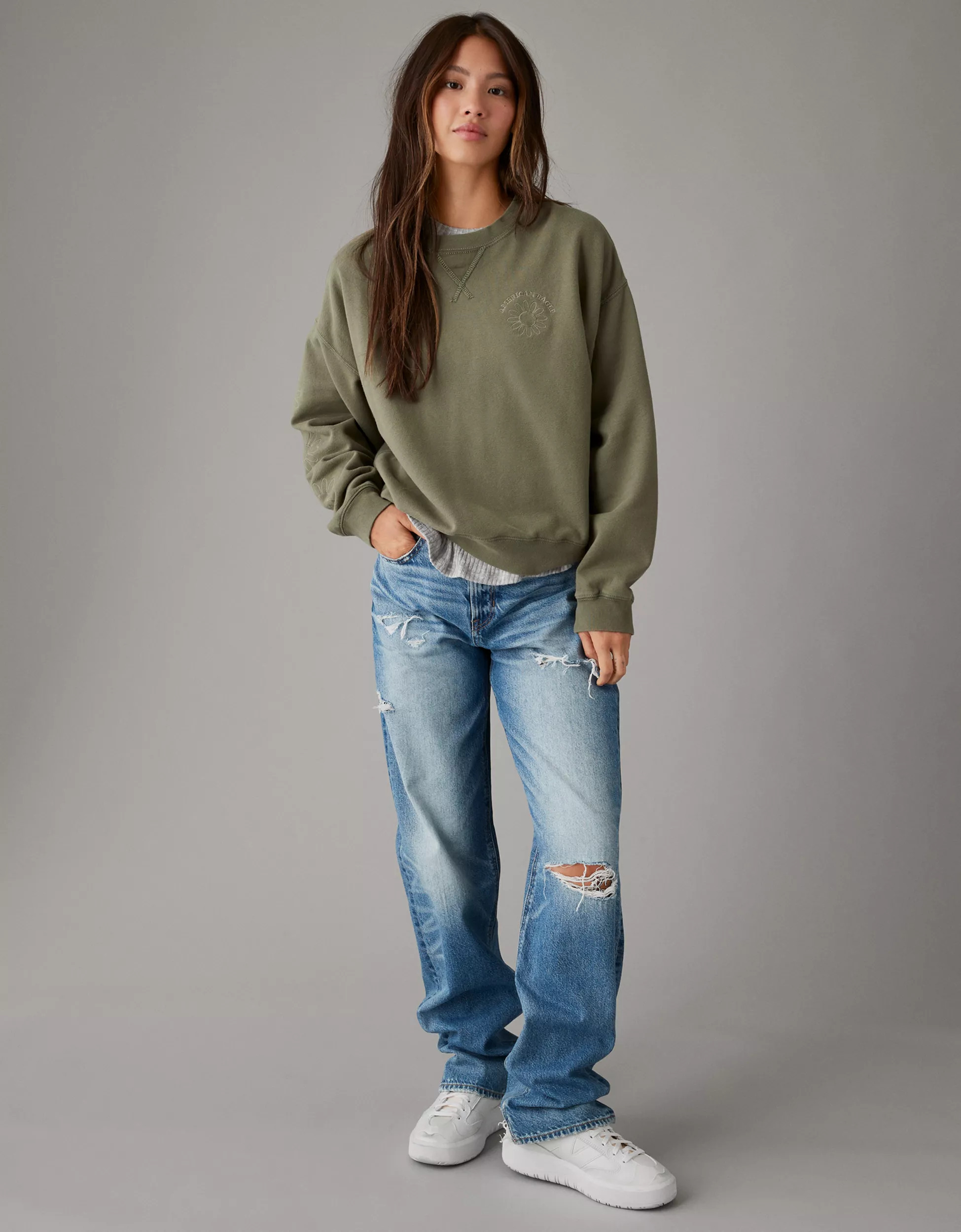 AE Funday Embroidered Crewneck Sweatshirt | American Eagle Outfitters (US & CA)
