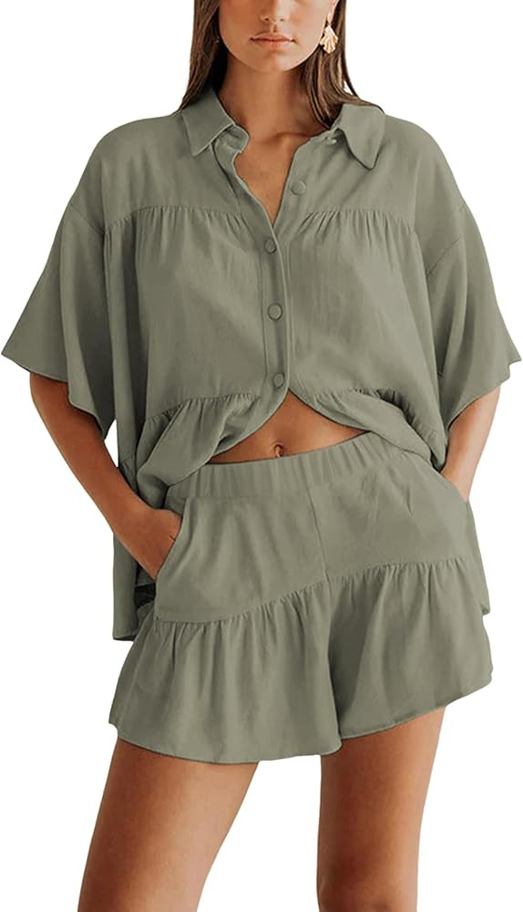 Qiaomai Womens 2 Piece Outfits Summer Ruffled Shirt and High Waist Shorts Matching Set | Amazon (US)
