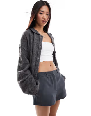 ASOS DESIGN knitted collar shirt cardigan with seam detail in charcoal | ASOS (Global)