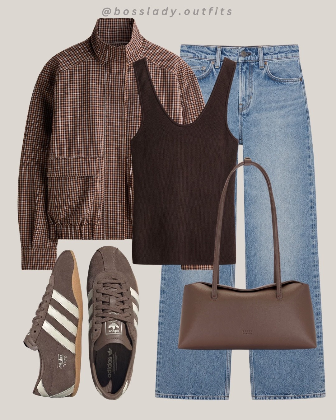 brown really has me in a chokehold this season

Tags: checkered jacket outfit, plaid jacket outfit, brown tank top, wide leg jeans outfit, adidas gazelle outfit, brown shoulder bag, fall transition outfit, brown outfit inspo, casual fall outfit idea, neutral tone outfit

#LTKstyletip #LTKshoes #LTKbag