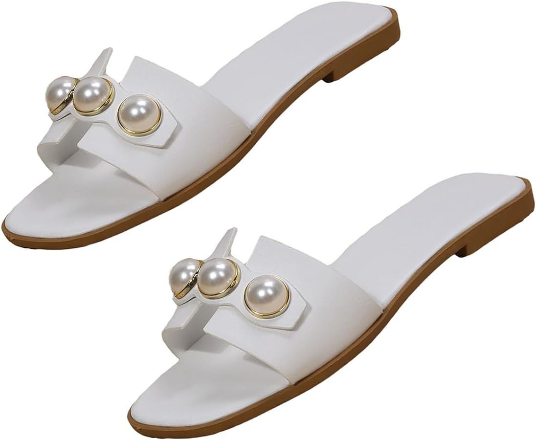OYOANGLE Women's Pearl Decor Square Open Toe Flat Sandals Cut Out Soft Leather Slip on Slide Sand... | Amazon (US)