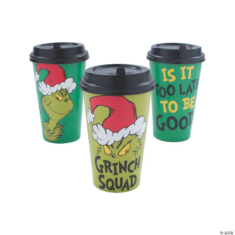 16 oz. Dr. Seuss™ The Grinch Squad Disposable Paper Coffee Cups with Lids - 12 Ct. | Oriental Trading Company