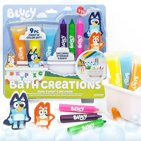 Bluey Bath Creations, 9-Piece Bluey Activity Set, Fun Bluey Bath Toys, Includes Washable Bath Pai... | Amazon (US)