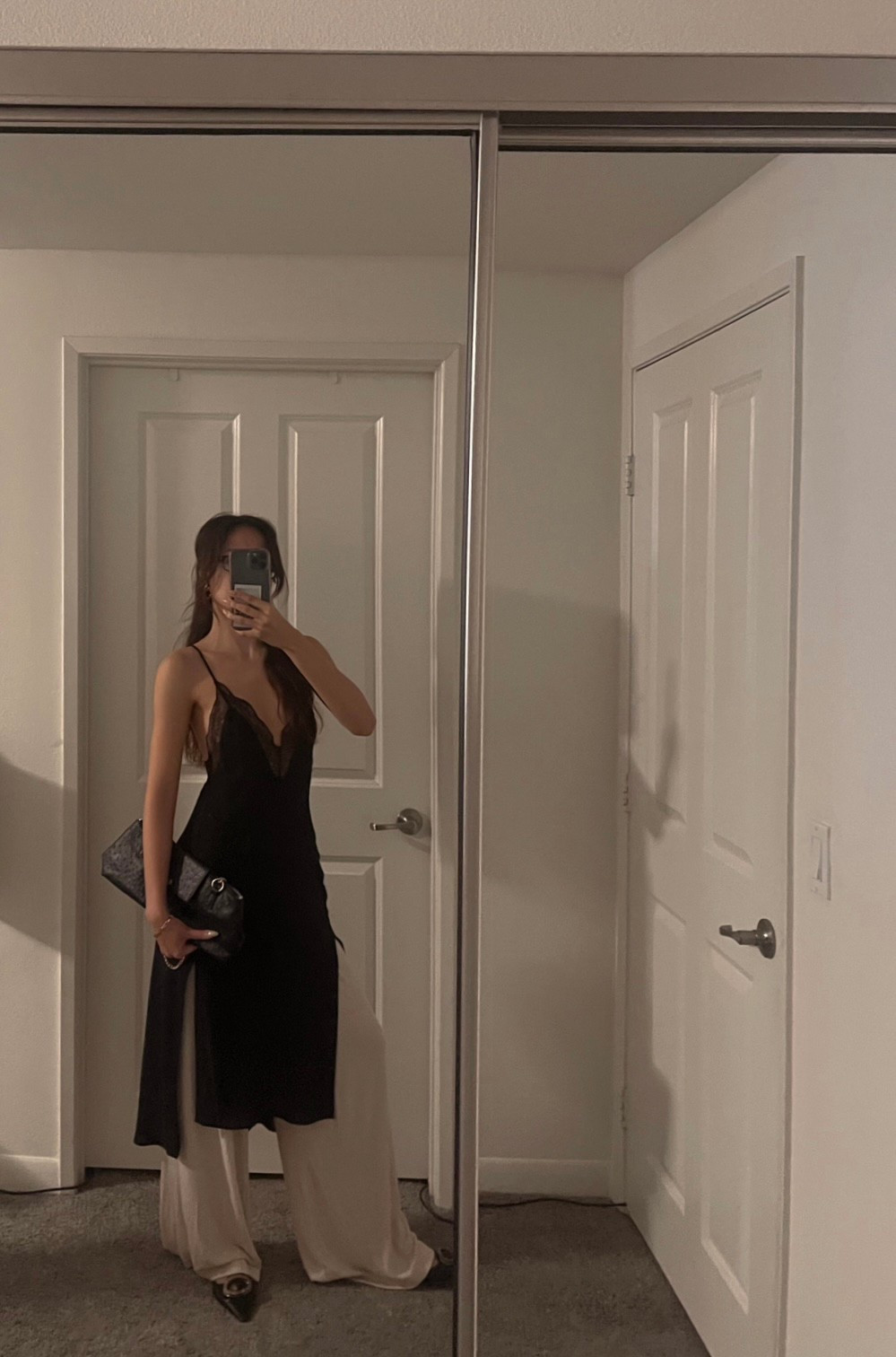 My very first experimental outfit of 2026 ft a lace slip dress, wide legged pants, kitten heels, and a go-to leather purse 🖤 

Linking the exact pants + similar versions of this full outfit here! 

#LTKdayinmylife #LTKFindsUnder100 #LTKootd