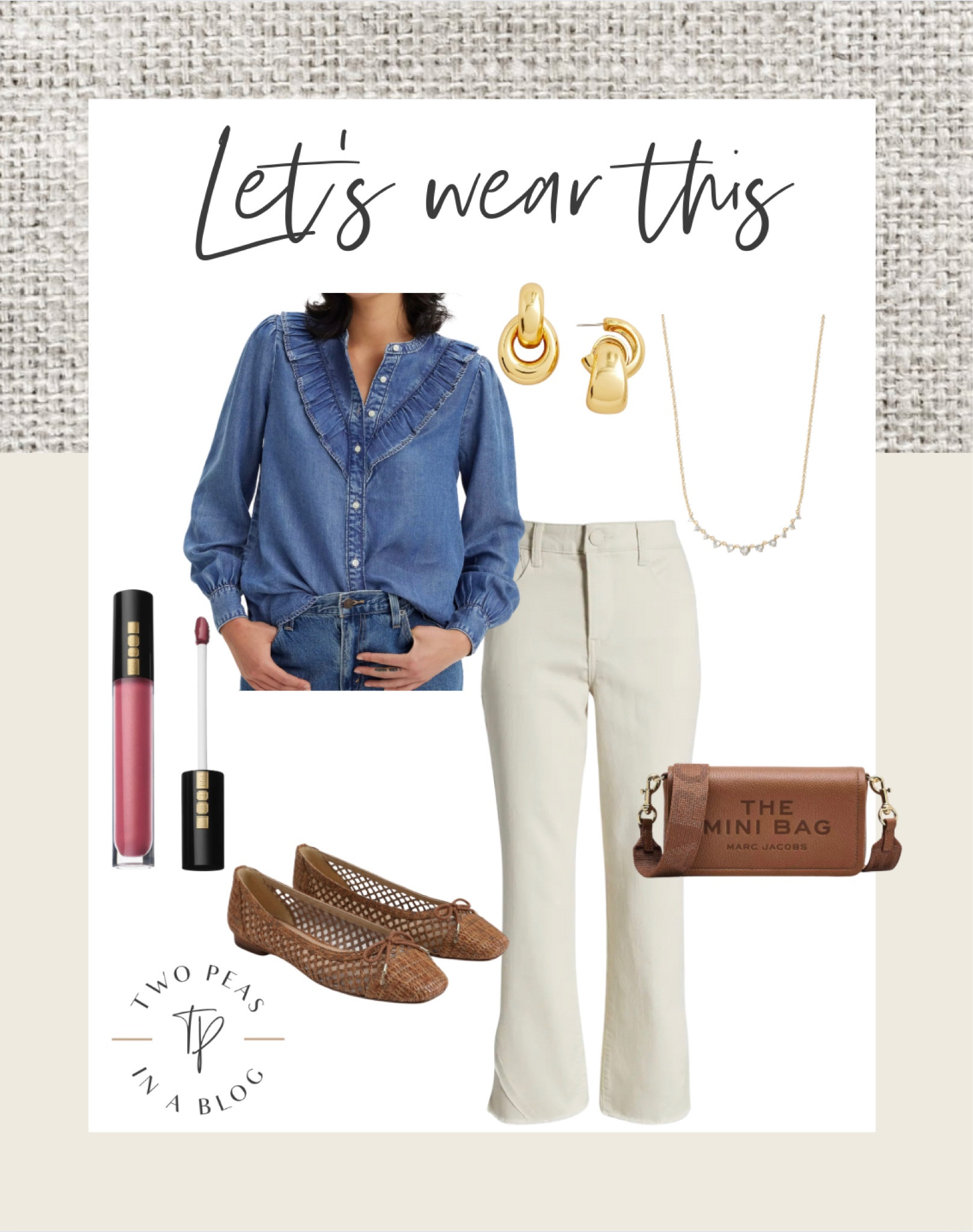 LOVE this Spring outfit!! 
Chambray top with the prettiest ruffle. 
Open weave flats are trending  
Necklace / use code: twopeasinablog 

#LTKover40 #LTKshoecrush #LTKfindsunder100