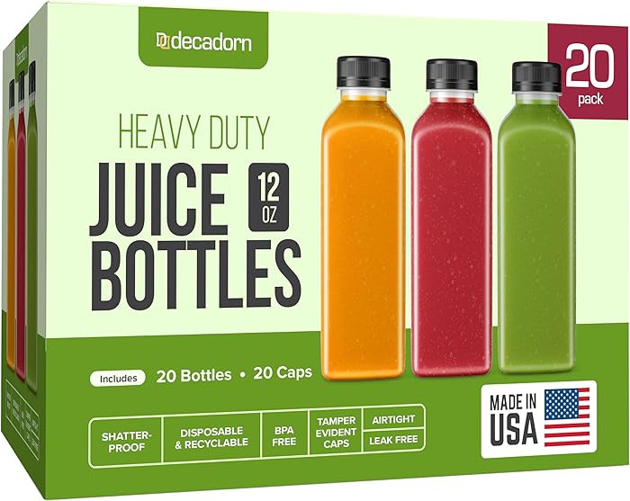 DECADORN 12oz 20pcs Juice Bottles With Caps - MADE IN USA Juice Containers With Lids For Fridge -... | Amazon (US)
