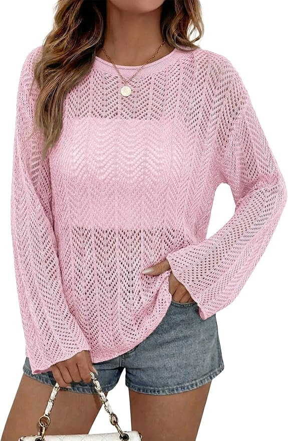 Dokotoo Womens Summer Crochet Hollow Out Sweater Bell Sleeve Beach Coverup Casual Pullover Shirt ... | Amazon (US)