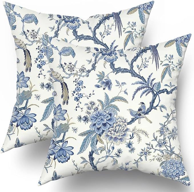 Chinoiserie Pillow Covers Set of 2 Blue and White Outdoor Pillows Bule Birds Flowers Throw Pillow... | Amazon (US)