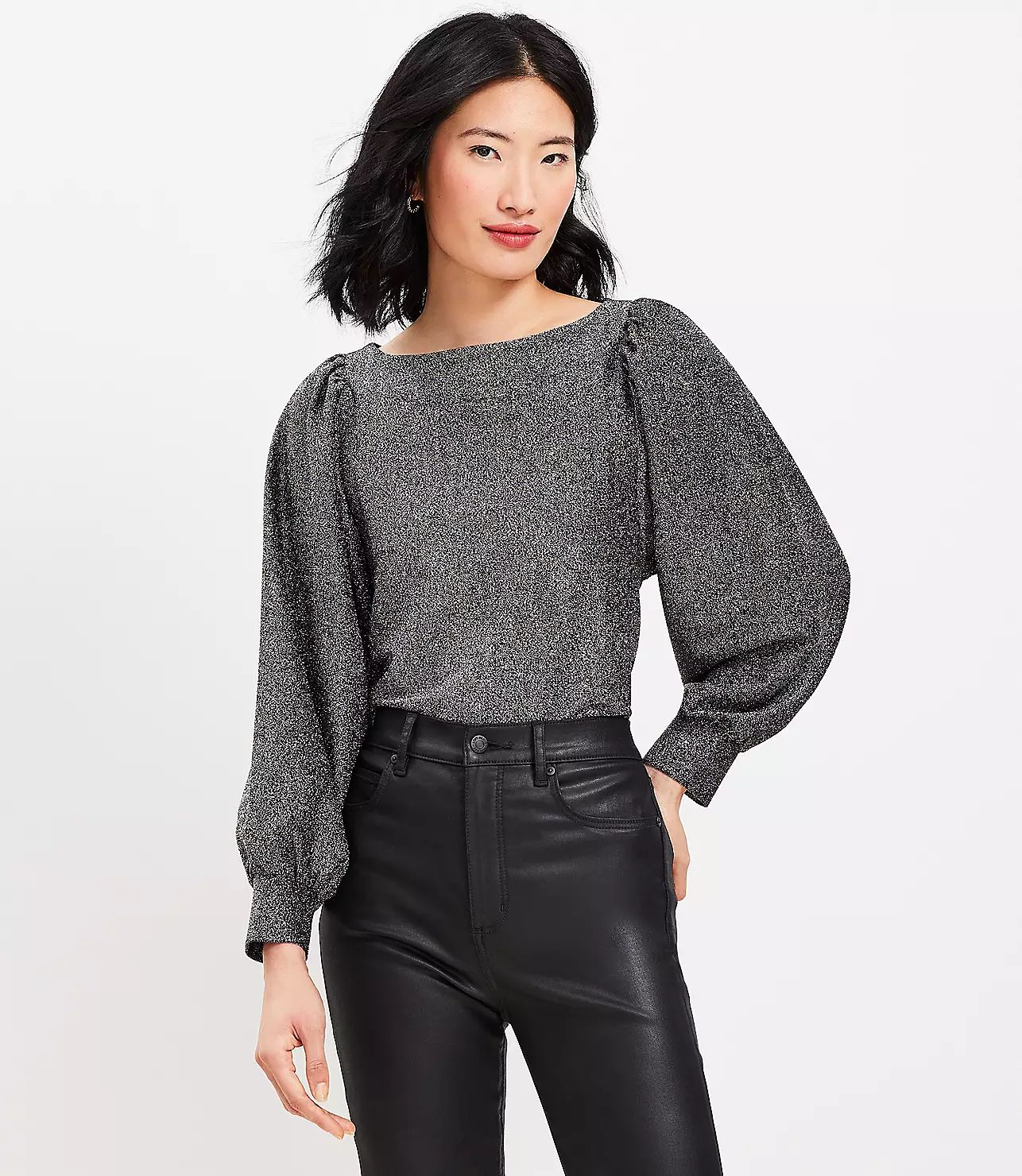 Metallic Draped Sleeve Boatneck Top | LOFT