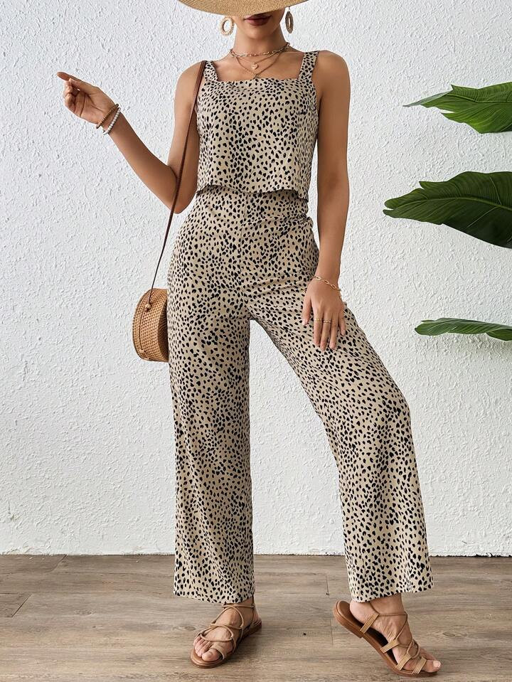 SHEIN Frenchy Women's Double Layered Spaghetti Strap All-Over Printed Jumpsuit | SHEIN