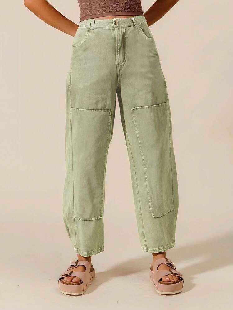 Women's Loose Mid-Low Waist Jeans With Comfortable Half Elastic Waist Design, Personalized And Versatile, Hides Fat And Trims Figure, Mori Style College Workwear, Sweet And Can Be Worn All Year Round, Fashionable Avocado Green Washed Denim Trousers | SHEIN