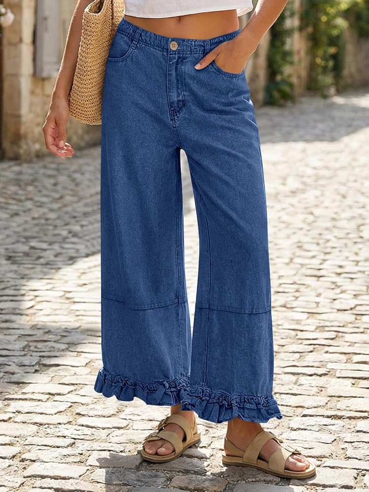 Cicy Bell Womens Ruffle Wide Leg Jeans Cropped Elastic High Waisted Baggy Denim Pants with Pockets Navy at Amazon Women's Jeans store | Amazon (US)