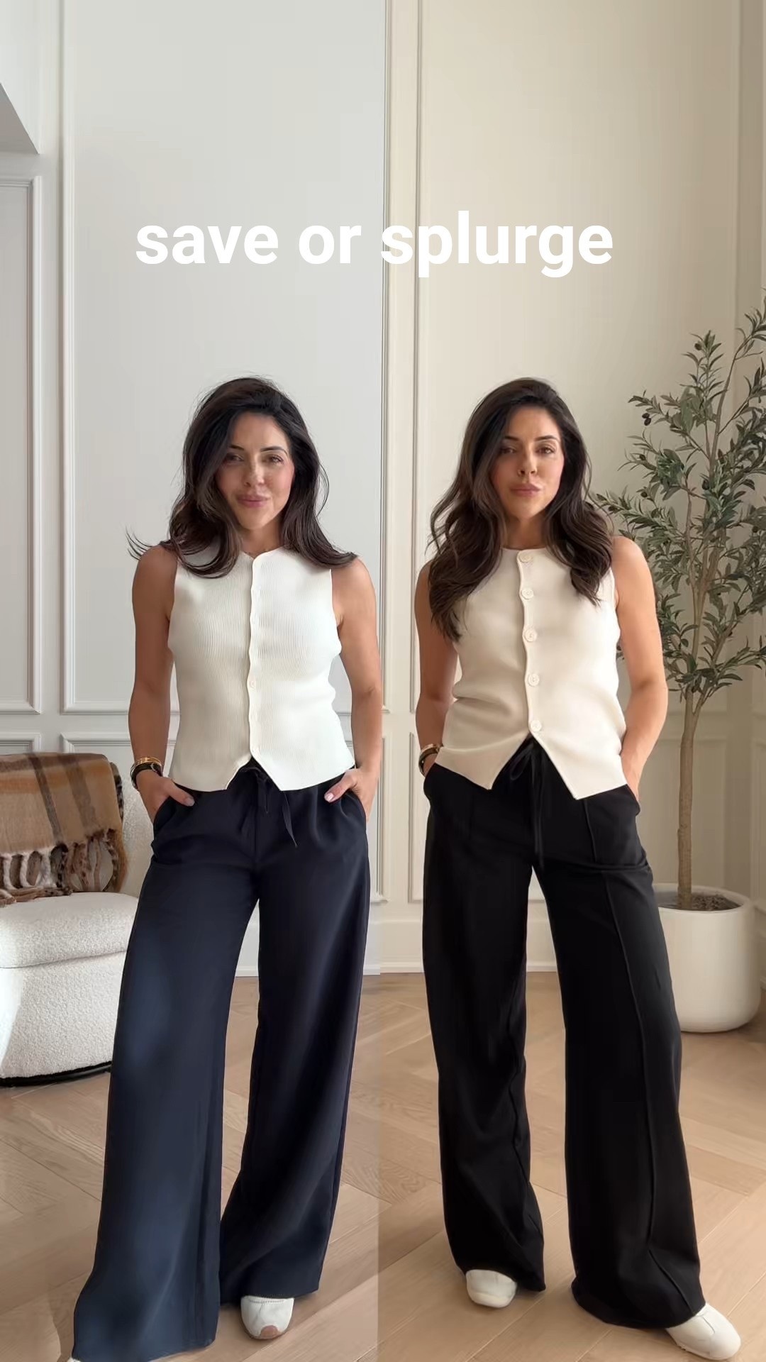 SAVE OR SPLURGE?! 
SAVE OUTFIT 
Top and bottom are dynamite 
Shoes are Adidas 

SPLURGE option 
Top and bottom are Aritzia 
Shoes are Miu Miu 