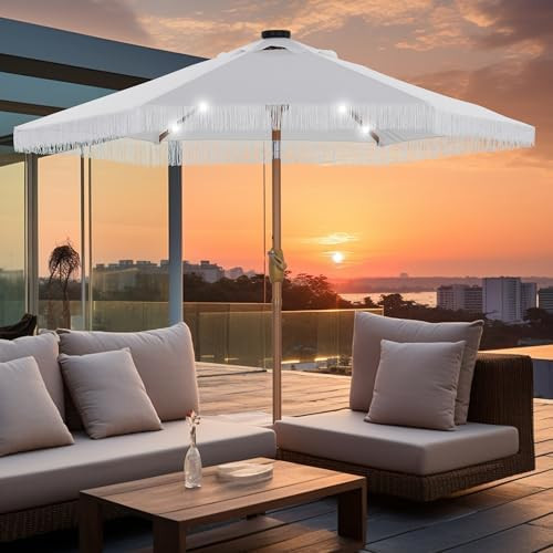 GDY 7.5ft Tassel Patio Umbrella Outdoor Table Umbrella with 18 LED Lights,Market Umbrella with 6 ... | Amazon (US)