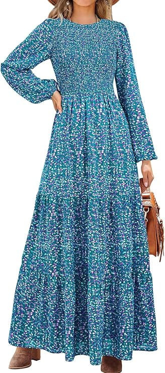 PRETTYGARDEN Women's Fall Dresses Long Sleeve Flowy Casual Floral Maxi Dress Crew Neck Smocked Ti... | Walmart (US)