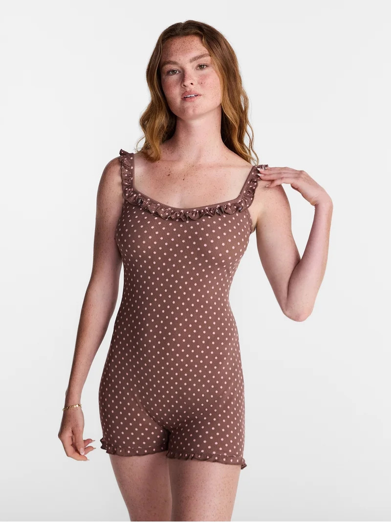 No Boundaries Ruffle Neck Sleep Romper, Women's XS-XXL | Walmart (US)